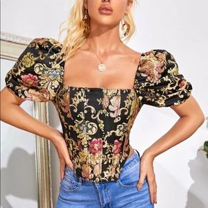 Shein Zip Back Puff Sleeve Floral Jacquard Top